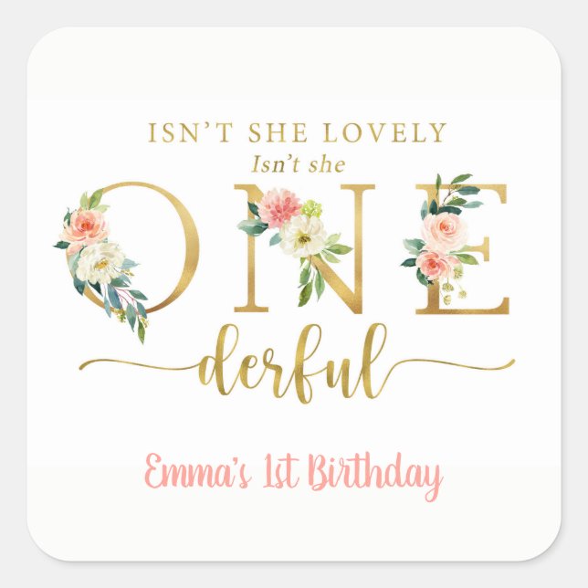 Isn't She Onederful Girl 1st Birthday Party Square Sticker (Front)