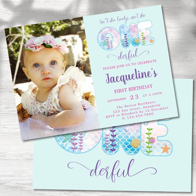 Isn't She ONEderful Girls 1st Birthday Invitation (Girls pretty first birthday party  invitations. Little miss onederful under the sea. Pale blue. )