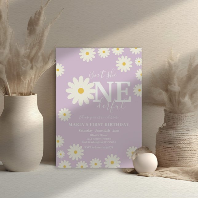  Isn't she ONEderful Lilac Daisy First Birthday  Invitation (Creator Uploaded)