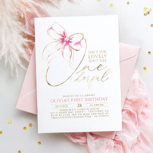 Isn't She Onederful Pink Bow Elegant 1st Birthday Invitation