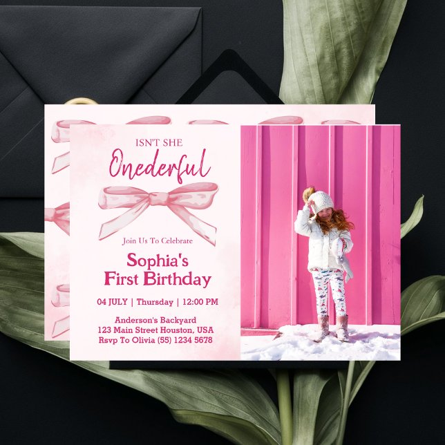 Isn't She ONEderful Pink Bow Girl 1st Birthday  Invitation (Creator Uploaded)