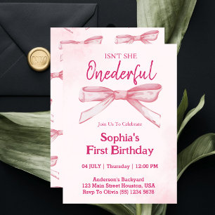 Isn't She ONEderful Pink Bow Girl 1st Birthday  Invitation