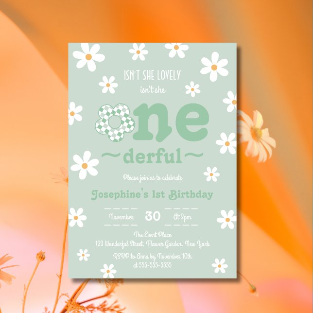 Isn't She Onederful Retro Floral Sage Birthday Invitation (Creator Uploaded)