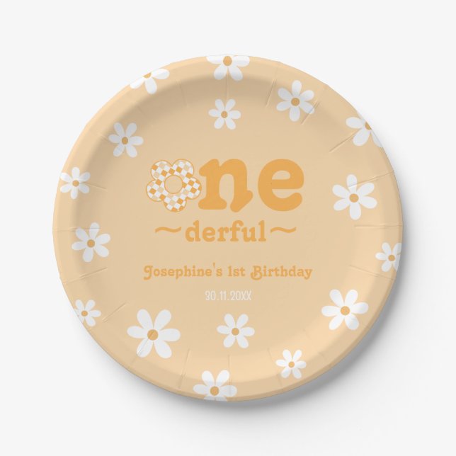 Isn't She Onederful Retro Groovy Floral Birthday Paper Plate (Front)