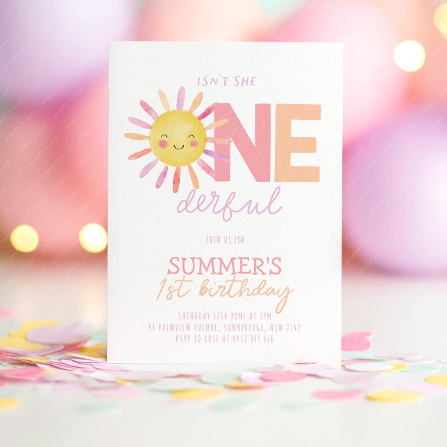 Isn't She Onederful Sun Girl Bright 1st Birthday Invitation (Isn't she Onederful! Girl's sun 1st birthday in bright pink, orange and purple. )