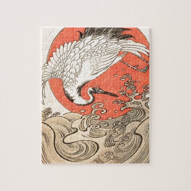Isoda Koryusai - Crane, Waves and Rising Sun Jigsaw Puzzle (Vertical)