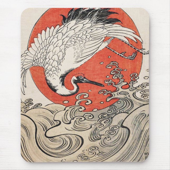 Isoda Koryusai Crane Waves and rising sun Mouse Pad (Front)