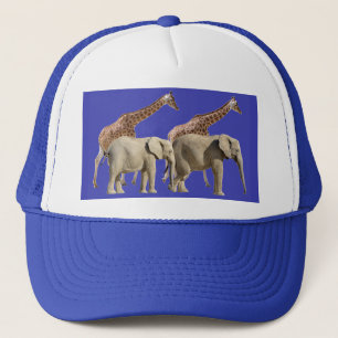 Isolated giraffes and elephants walking trucker hat