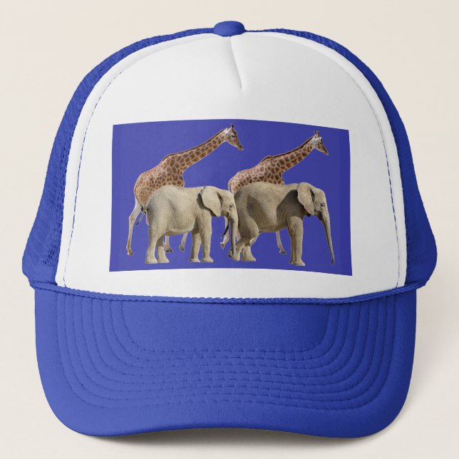 Isolated giraffes and elephants walking trucker hat (Front)
