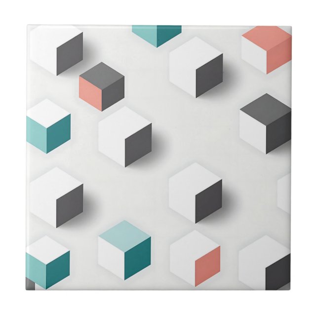 Isometric 3D Cubes Geometric Abstract Pattern Ceramic Tile (Front)