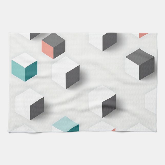 Isometric 3D Cubes Geometric Abstract Pattern Tea Towel (Horizontal)