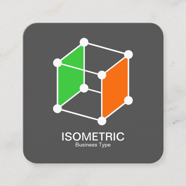 Isometric Cube -  White, Green and Orange on Grey Square Business Card (Front)