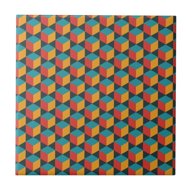 Isometric grid cube pattern ceramic tile (Front)