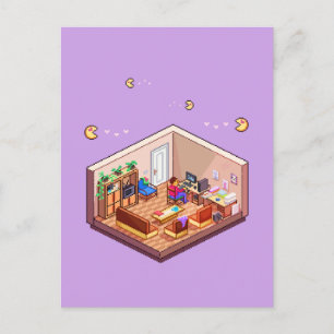 Isometric  Pixel Art Gaming PC Room Postcard