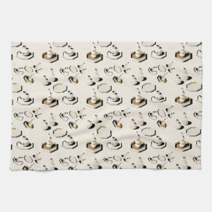 Isometric vases and trays with gold accents tea towel