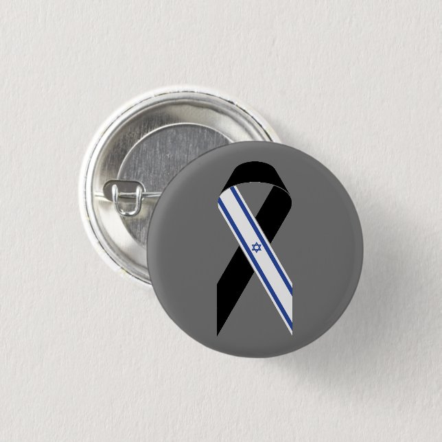 Israel flag black ribbon grey 3 cm round badge (Front & Back)