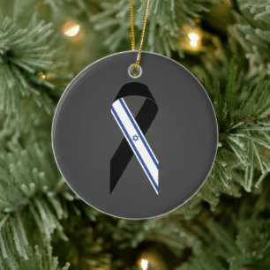 Israel flag black ribbon memorial Hanukkah grey Ceramic Ornament