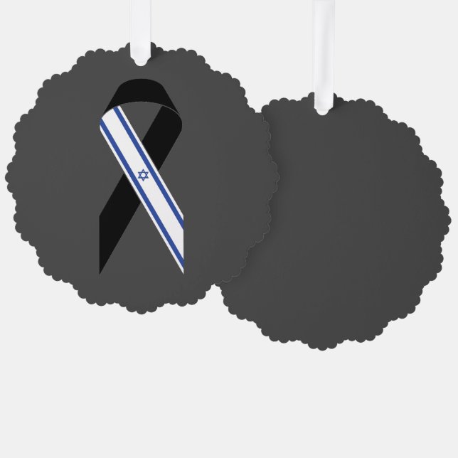 Israel flag black ribbon memorial Hanukkah grey Tree Decoration Card (Front/Back)
