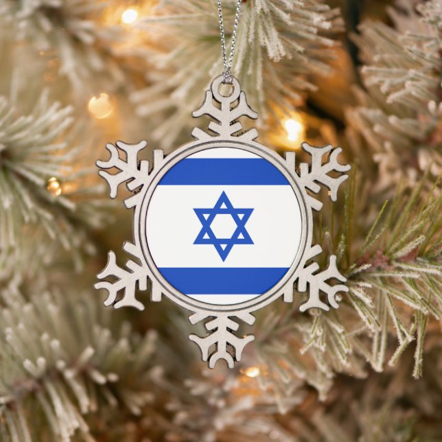 Israel flag blue and white modern patriotic snowflake pewter christmas ornament (Tree)