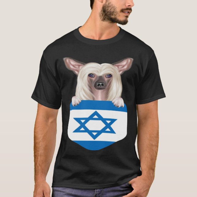 Israel Flag Chinese Crested Dog In Pocket T-Shirt (Front)