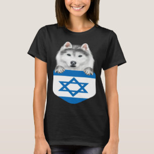 Israel Flag Siberian Husky Dog In Pocket T-Shirt