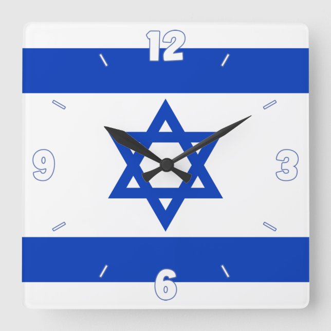 Israel Flag Star of David Blue White Numbers Square Wall Clock (Front)