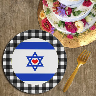 Israel Plate, Heart, buffalo plaid & Israel Flag Paper Plate