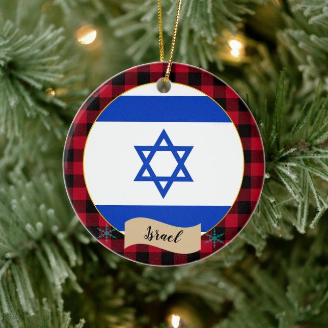 Israel, Red buffalo plaid & Israel Flag Ceramic Ornament (Tree)