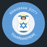 Israeli Angel Hanukkah Flag Personalised  Classic Round Sticker<br><div class="desc">Round sticker shows an angel wearing the flag of Israel on this sticker for holiday or Hanukkah gift decorating. The Israeli Flag angel is found inside a white, fractal circle of squiggly squares. The background is a blue fractal of squiggly squares. Add your own text or personalise with a name,...</div>