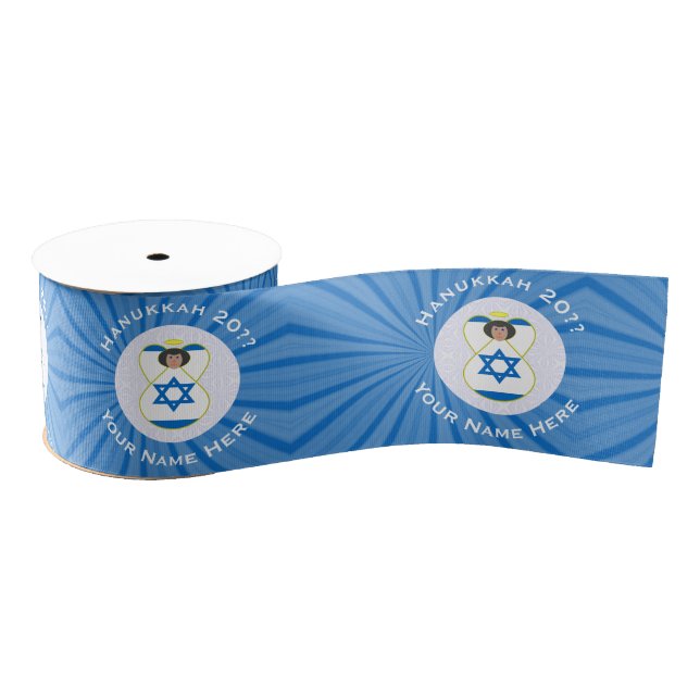 Israeli Angel Hanukkah Flag Personalised  Grosgrain Ribbon (Spool)