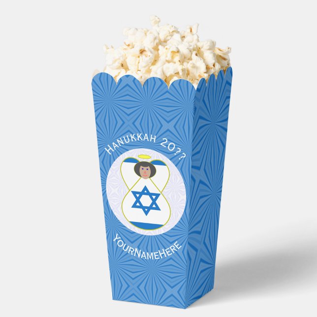 Israeli Angel Hanukkah Flag Personalised Popcorn Favour Box (Personalized popcorn favor box for Hanukkah. Angel wearing Israeli Flag inside white circle on blue.)