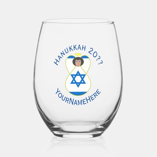 Israeli Flag Hanukkah Angel Personalised Stemless Wine Glass