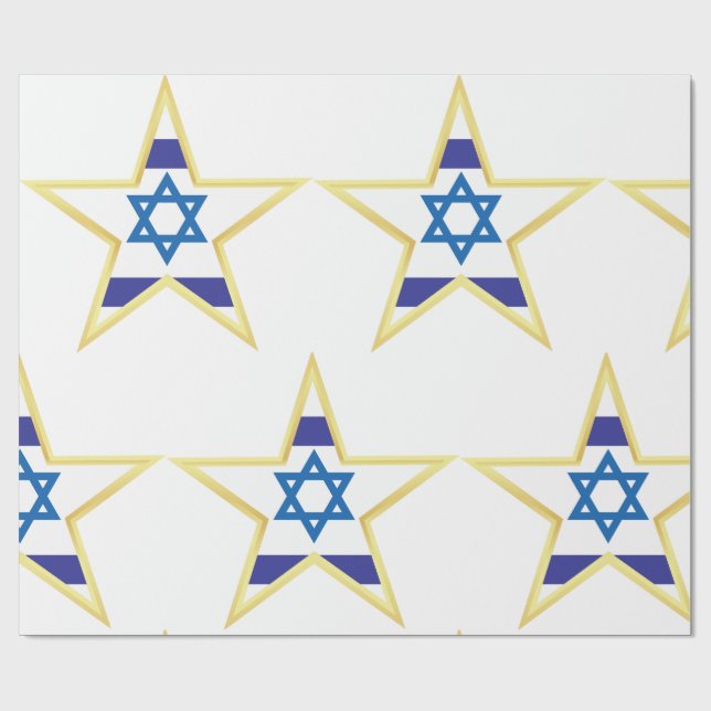 Israeli Flag Star of David Gold Trimmed Wrapping Paper (Flat)