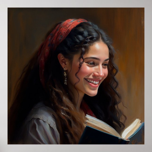 Israeli Woman Reading a Book Portrait Oil Painting Poster (Front)
