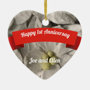 Ist, or Paper Anniversary, Heart with flowers Ceramic Ornament