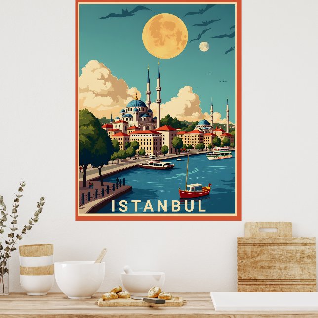 Istanbul Cityscape with Full Moon Poster (Kitchen)