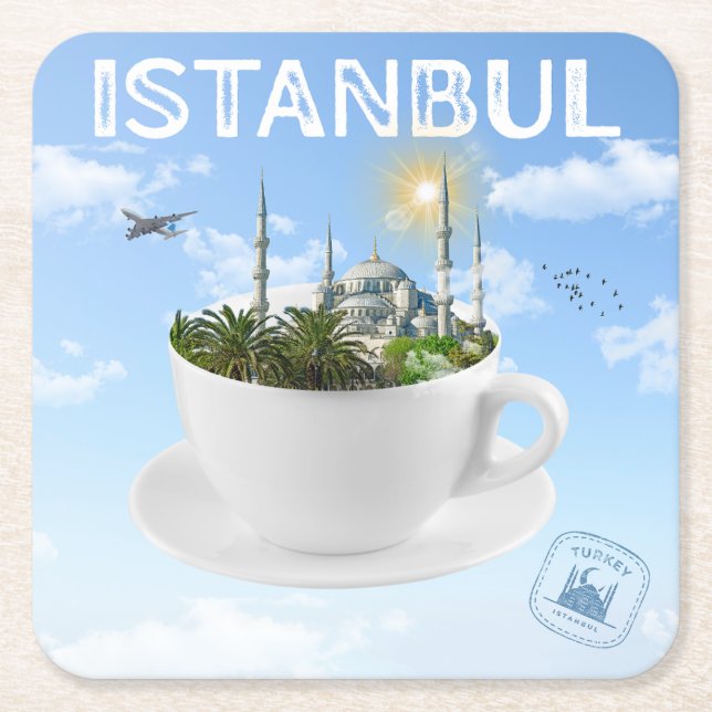 Istanbul in a Teacup - Skyline - Turkish Gift Square Paper Coaster (Front)
