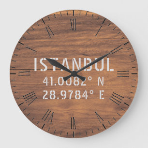 Istanbul Latitude & Longitude Dark Wood  Large Clock