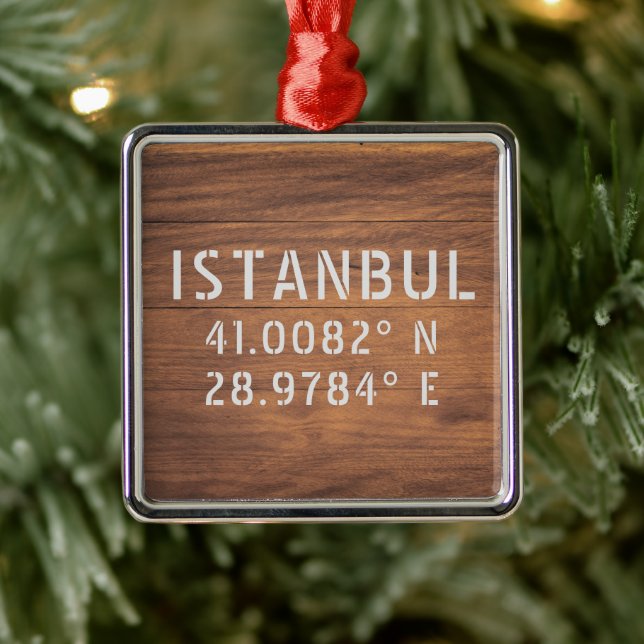 Istanbul Latitude & Longitude Dark Wood   Metal Ornament (Tree)