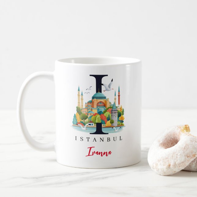 Istanbul Monogram Letter I Personalised Gift Coffee Mug (With Donut)