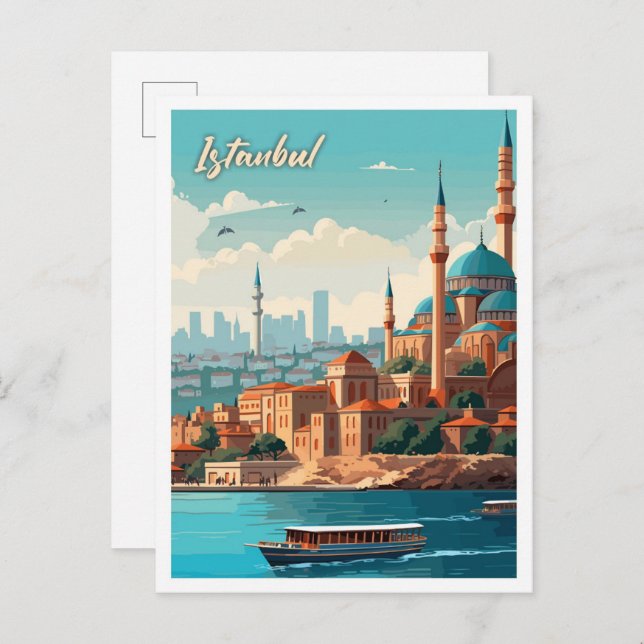 Istanbul Turkey Art Vintage Travel Illustration Postcard (Front/Back)