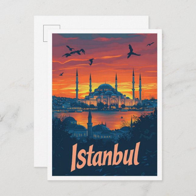 Istanbul Turkey Art Vintage Travel Illustration Postcard (Front/Back)