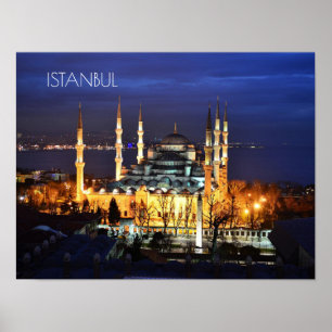 Istanbul Turkey Blue Mosque Night Photography Poster