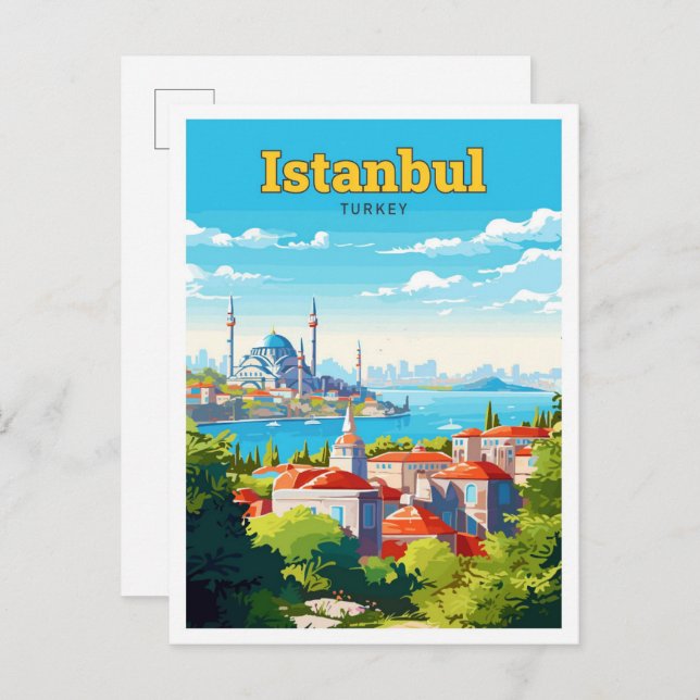 Istanbul Turkey Travel Vintage Illustration Postcard (Front/Back)