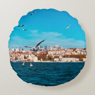 Istanbul view with seagulls on a warm sunny day, B Round Cushion