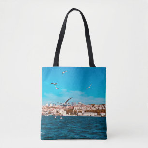 Istanbul view with seagulls on a warm sunny day, B Tote Bag