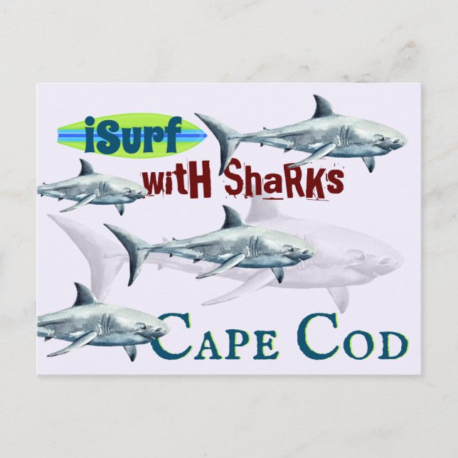 iSurf with Sharks Cape Cod, MA Surfing Shark Postcard (Front)