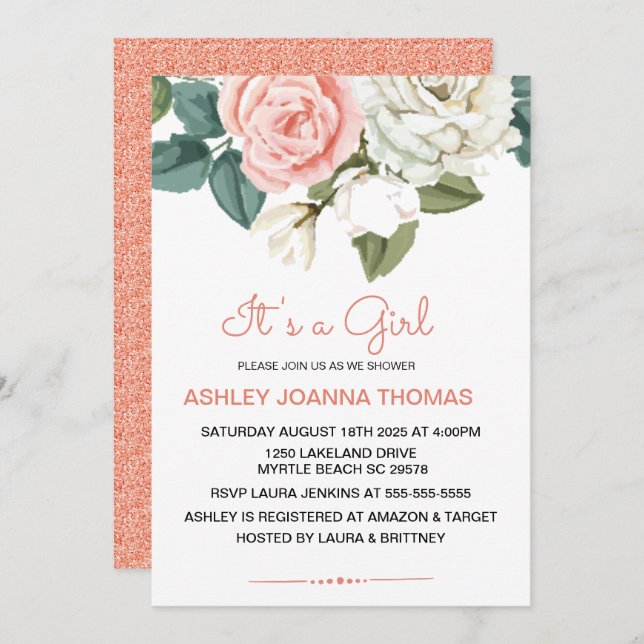 It' A Girl Elegant  Coral Flowers Baby Shower   Invitation (Front/Back)