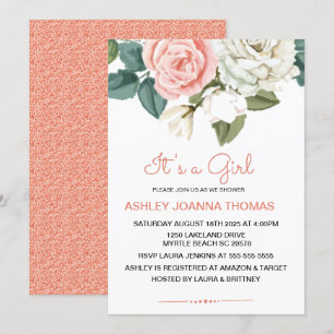 It' A Girl Elegant  Coral Flowers Baby Shower   Invitation