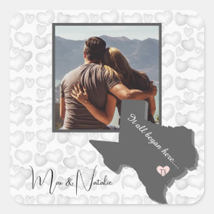 It all Began Here, Texas, Photo Heart Couple Square Sticker